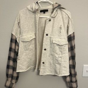 Gray and plaid distressed crop jacket